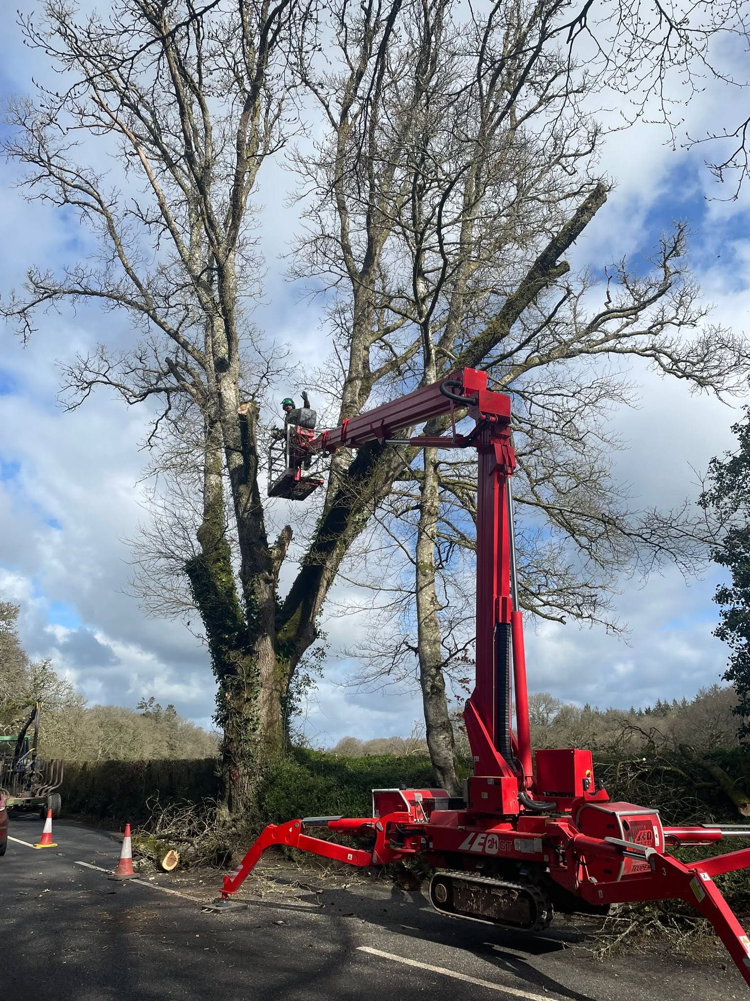 Big Red, our cherry picker, with its basket up in a roadside tree